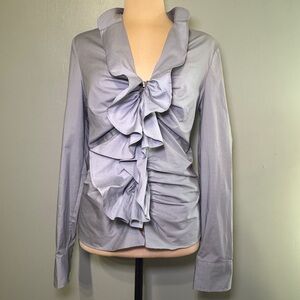 Moda International Grey Ruffled Zip Up Blouse Dress Shirt Size 8 Top